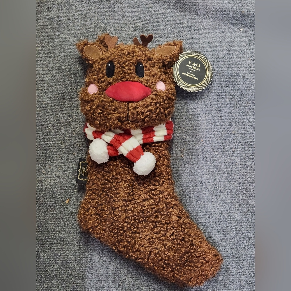 New with Tags FOA Schwarz Reindeer Stocking Curly plush